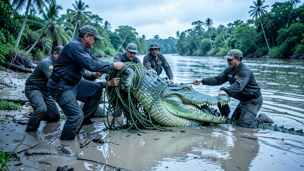 Rescatan cocodrilo enredado en malla en el río de Boliche, Yaguachi
