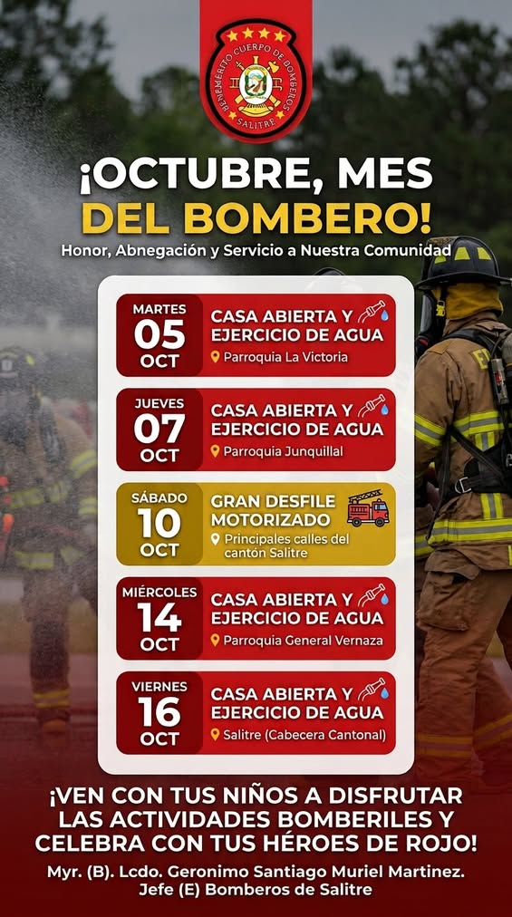 Bomberos de Salitre celebran octubre con desfiles y puertas abiertas en todo el cantón