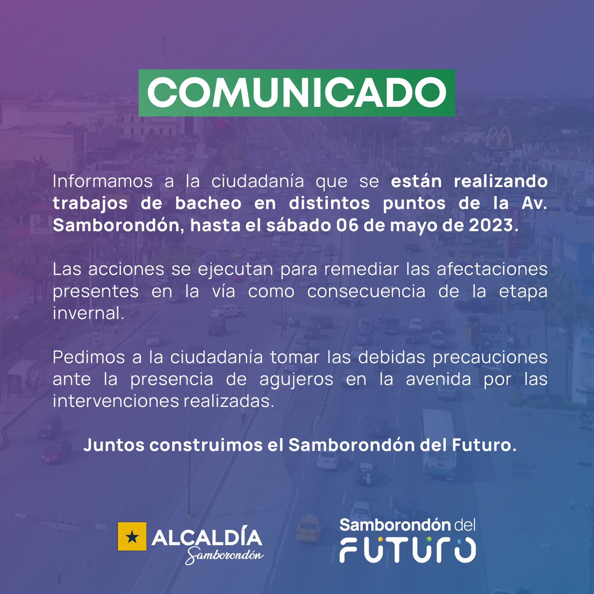 Bacheo en Av. Samborondón: obras hasta el sábado 6 de mayo