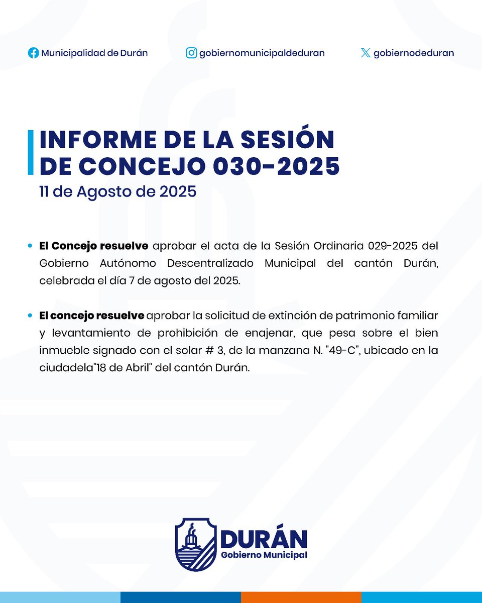 Concejo Municipal aprueba extinción de patrimonio familiar en Durán