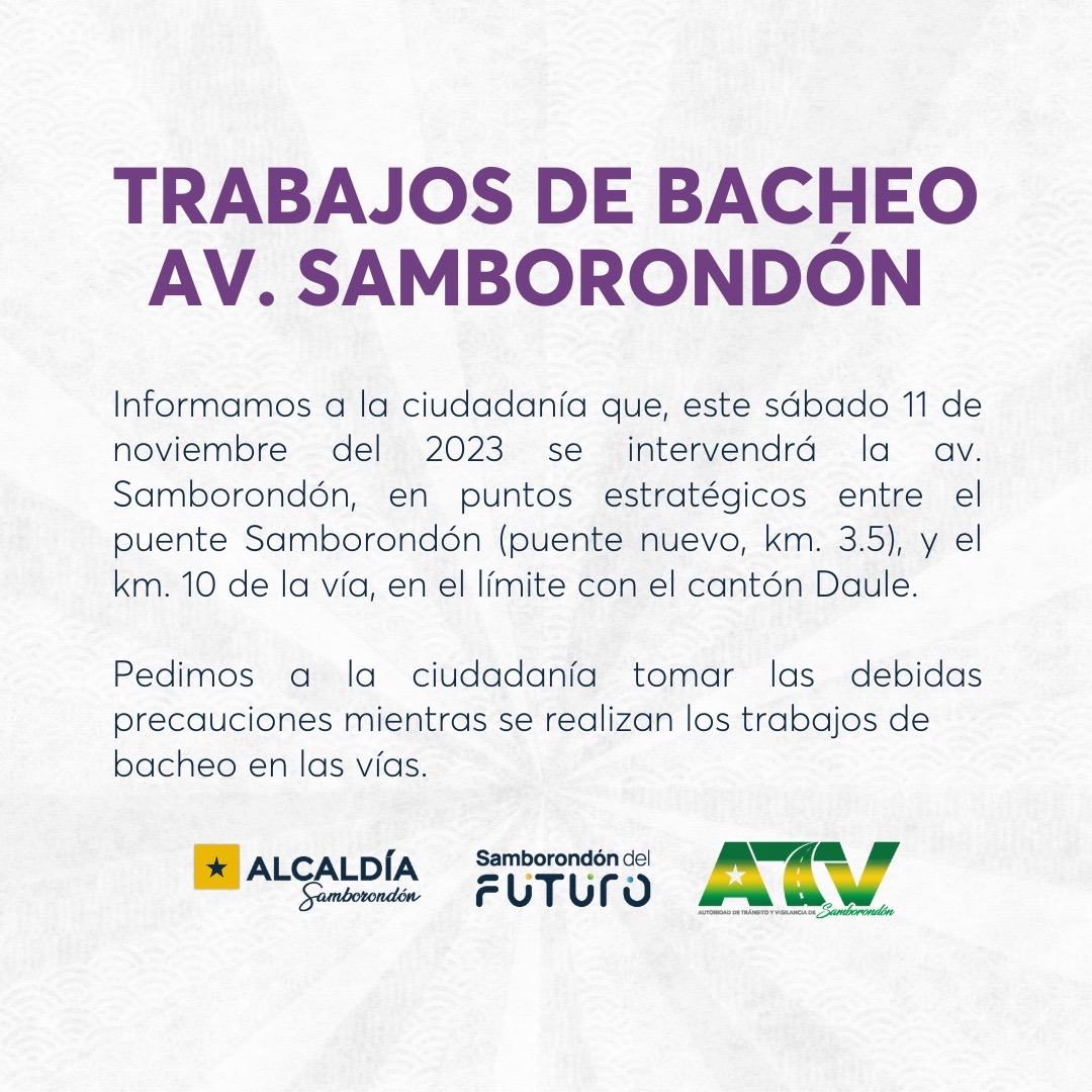 Alcaldía de Samborondón inicia bacheo en Av. Samborondón este sábado