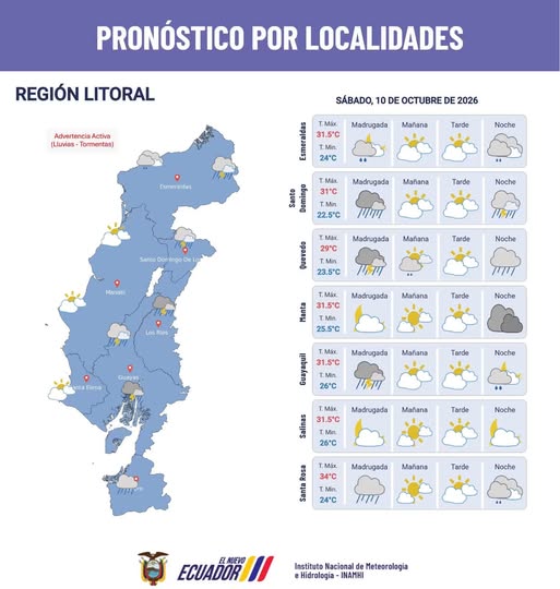 Meteoecuador advierte sobre lluvias intensas para el Guayas este sábado