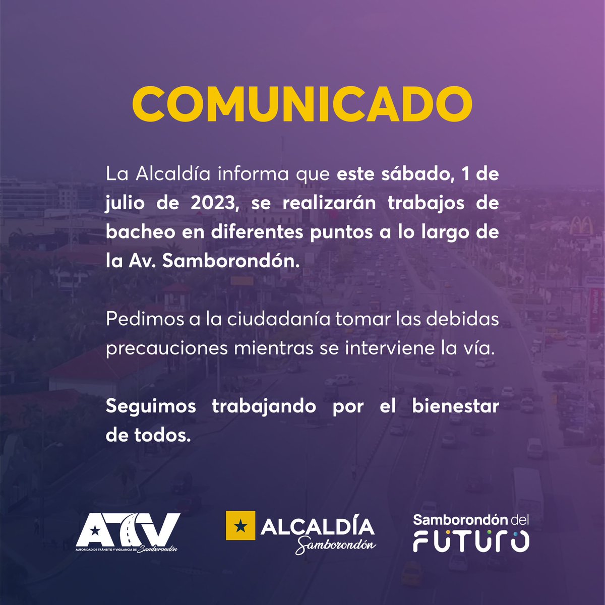 Bacheo en Av. Samborondón este sábado 1 de julio