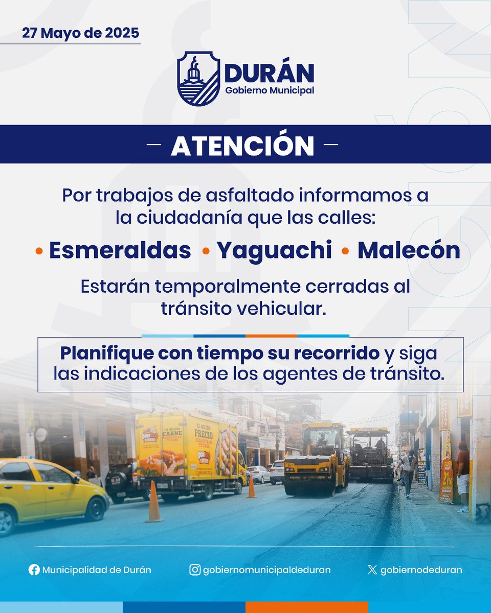 Cierre de Malecón, Esmeraldas y Yaguachi por asfaltado en Durán