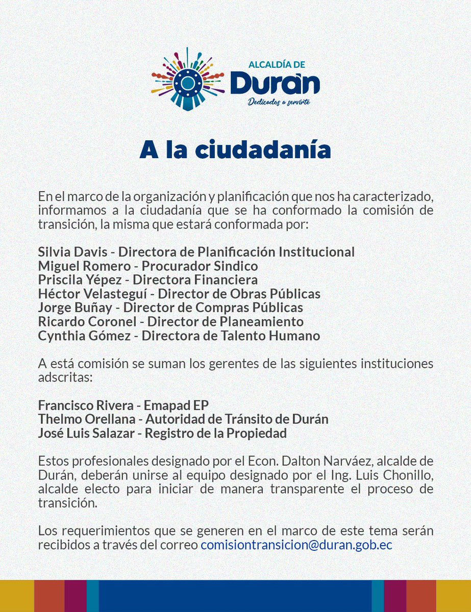 Municipio de Durán anuncia comisión de transición entre Narváez y Chonillo