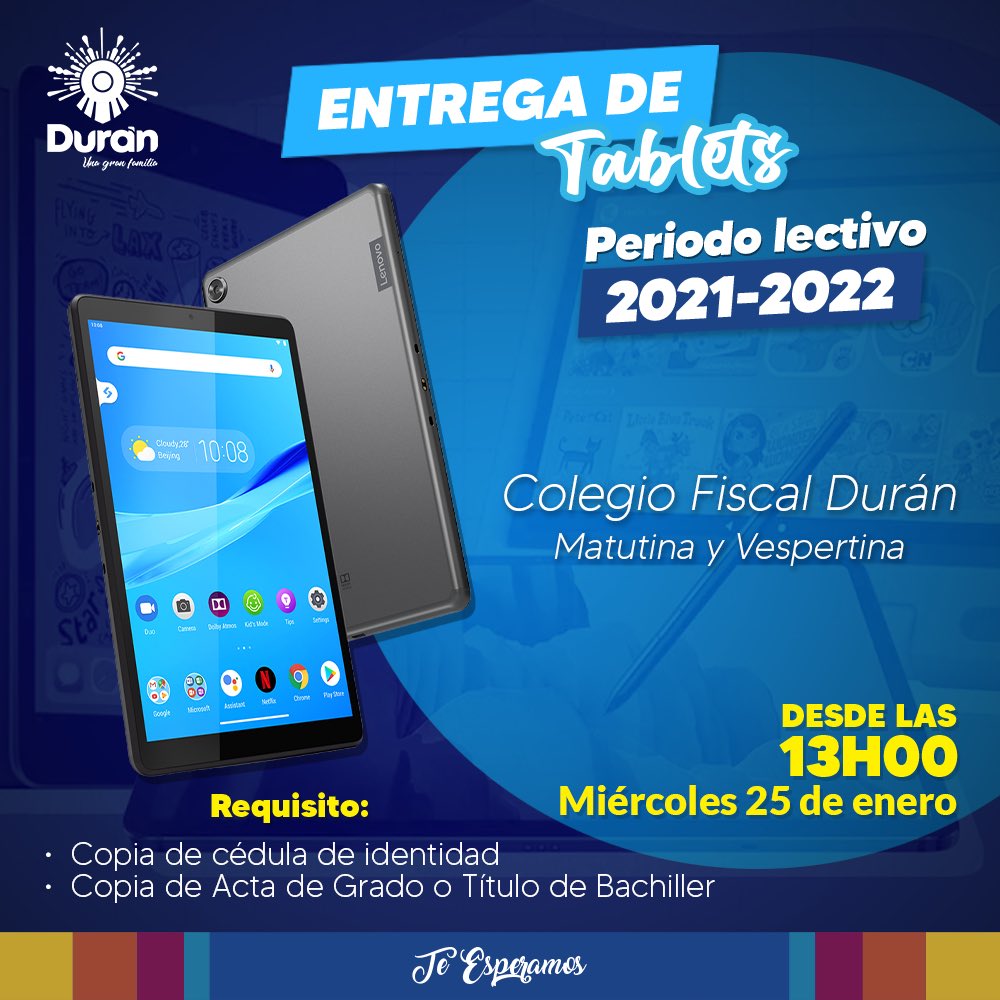 Entrega de tablets para bachilleres de Durán se realizará este 25 de enero en el Estadio Pablo Sandiford