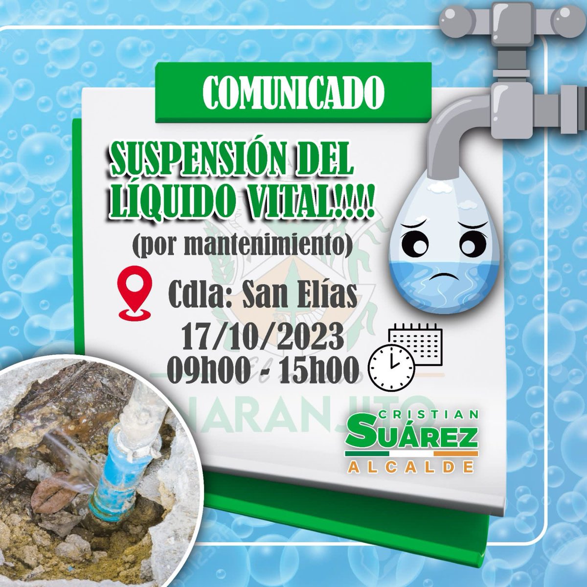 Corte de agua en Naranjito el martes 17 por mantenimiento en San Elías