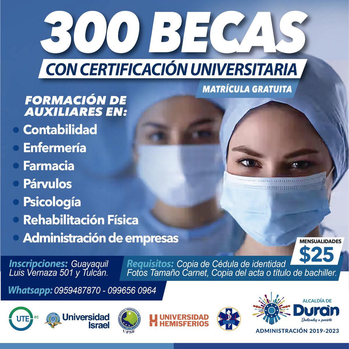 Durán: Matriculación gratuita para 300 becas del 50% este miércoles y jueves