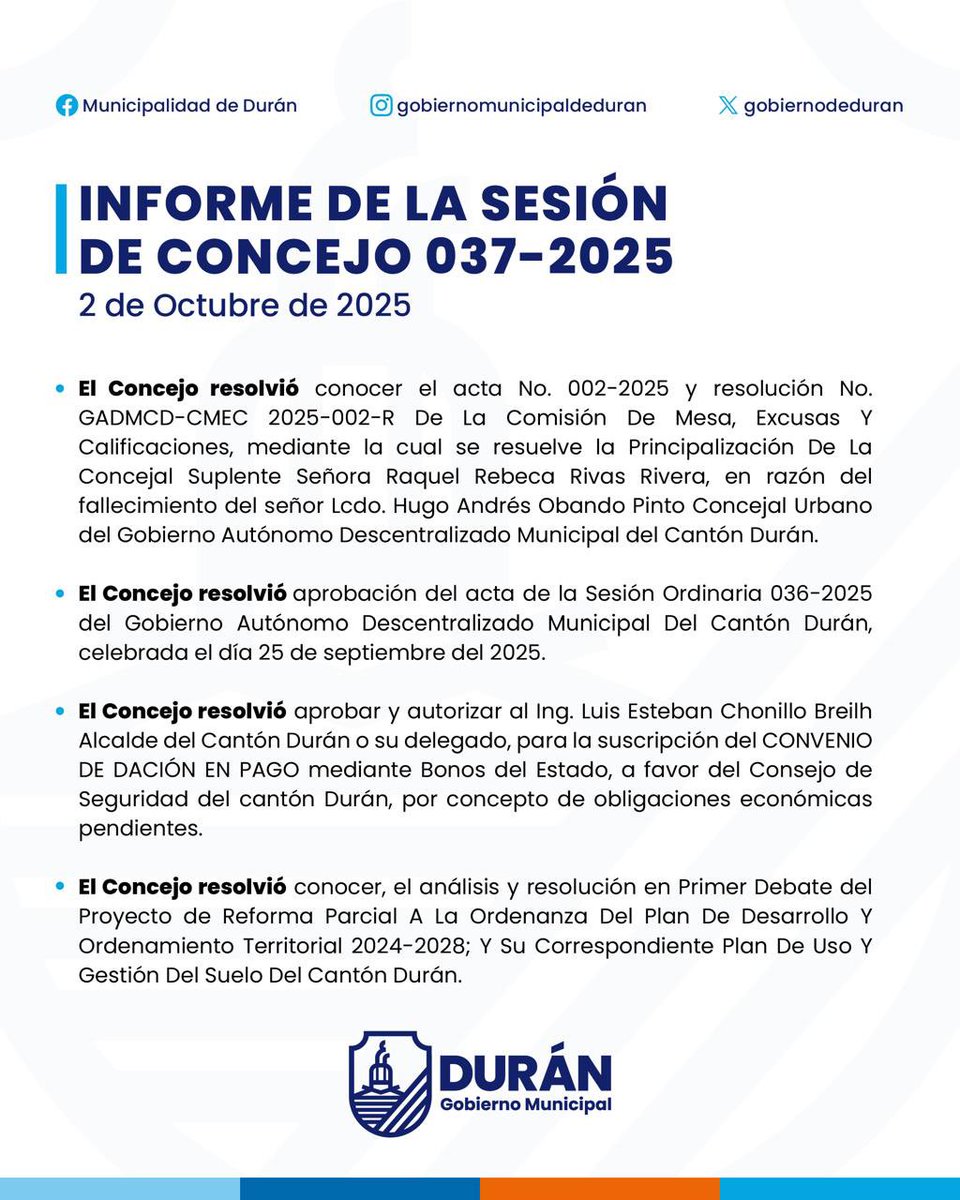 Concejo Municipal de Durán aprobó informe de la Sesión 037 en octubre