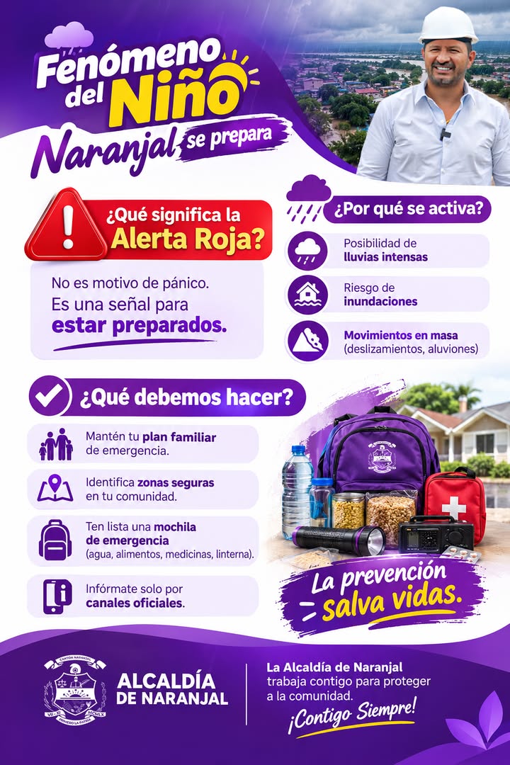 Alcaldía de Naranjal activa Alerta Roja por lluvias intensas y riesgo de inundaciones