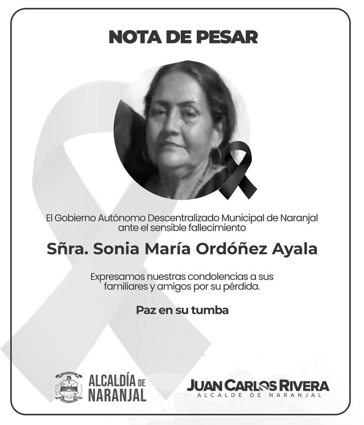La Alcaldía de Naranjal lamenta el fallecimiento de Sonia María Ordoñez Ayala