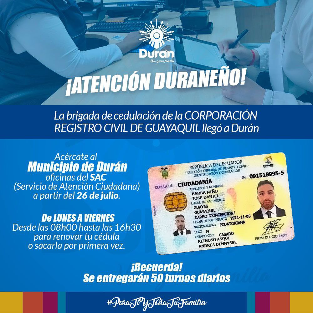 Brigada de cedulación del SAC llega a Durán el 26 de julio