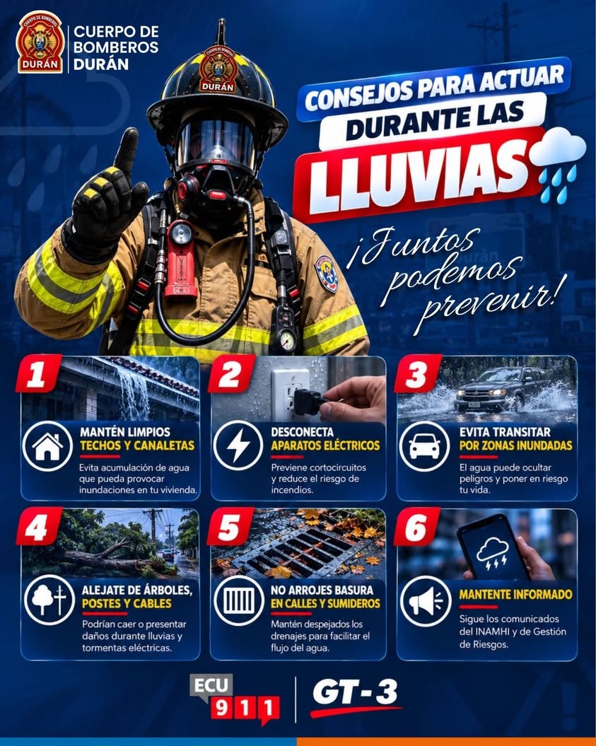 Bomberos Durán y GT-3 dan recomendaciones ante lluvias intensas