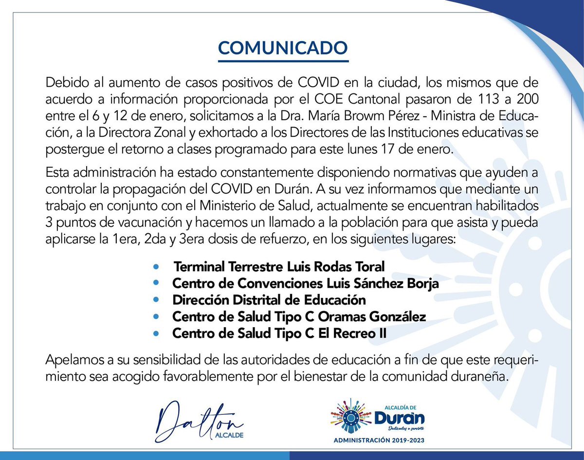Alcalde de Durán solicitó postergar clases presenciales por alza de COVID en enero 2022