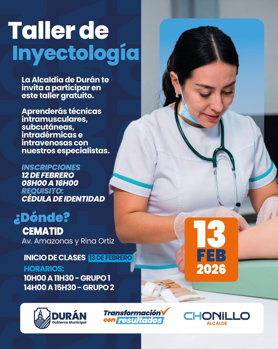 Alcaldía de Durán abre taller gratuito de inyectología en CEMATID a partir del 13 de febrero