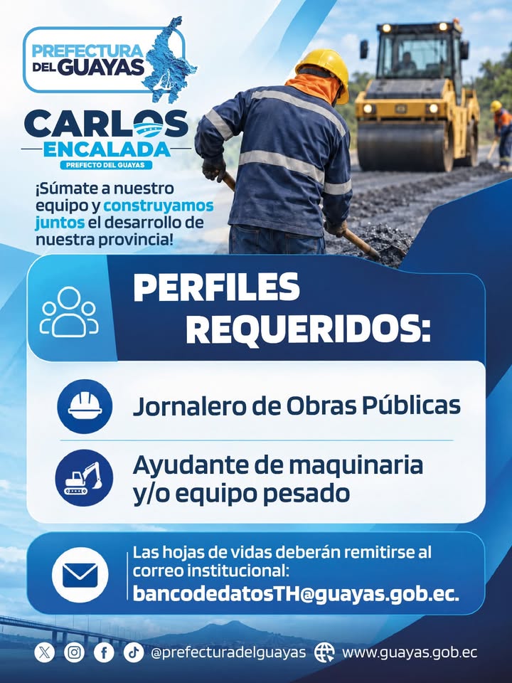 Prefectura del Guayas abre convocatoria para jornaleros y ayudantes de maquinaria en Simón Bolívar