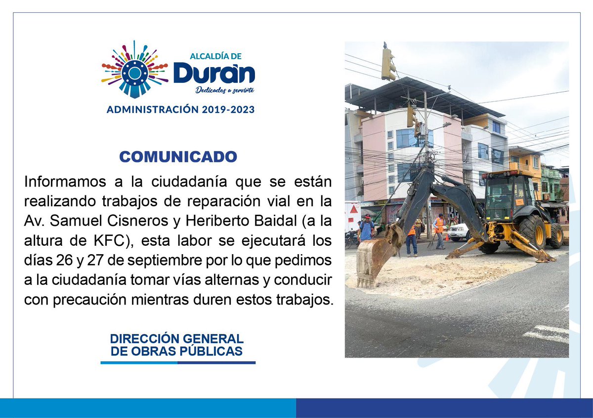 Reparación vial en Samuel Cisneros y Heriberto Baidal exige precaución en Durán