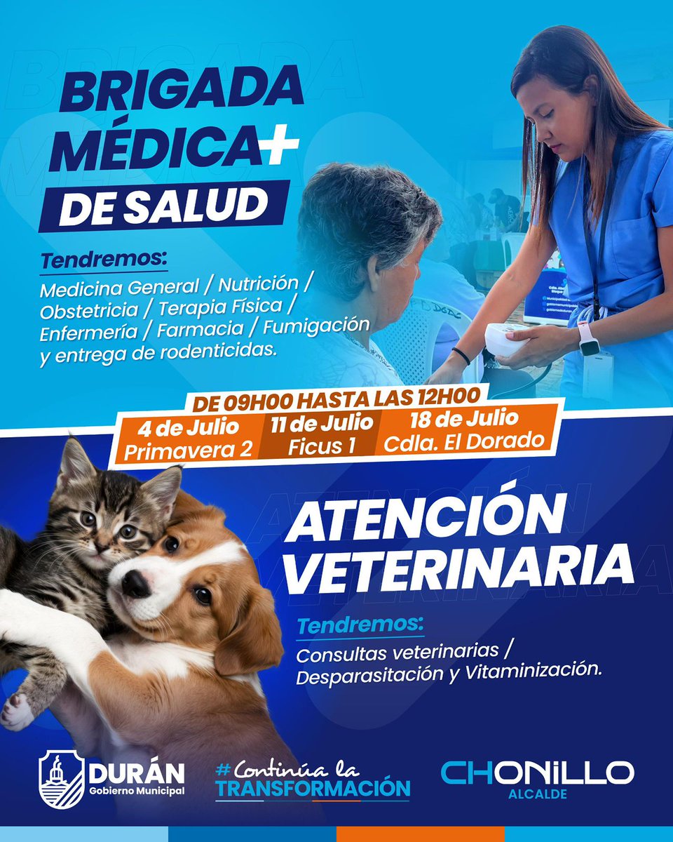 Brigadas integrales de Durán ofrecen salud humana y veterinaria gratuita en tres barrios este julio